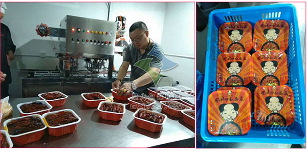 周小帥食品龍蝦灌裝封口一體機生產現場展示